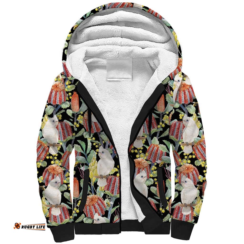 Little Corella Australia Cockatoo Sherpa Hoodie Cacatua Sanguinea Banksia Seamless Black LT14