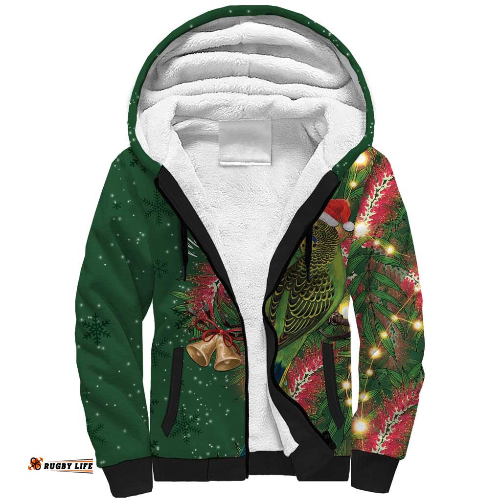 Green Budgerigars on Callistemon Sherpa Hoodie Merry Christmas Aussie LT7