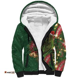 Green Budgerigars on Callistemon Sherpa Hoodie Merry Christmas Aussie LT7