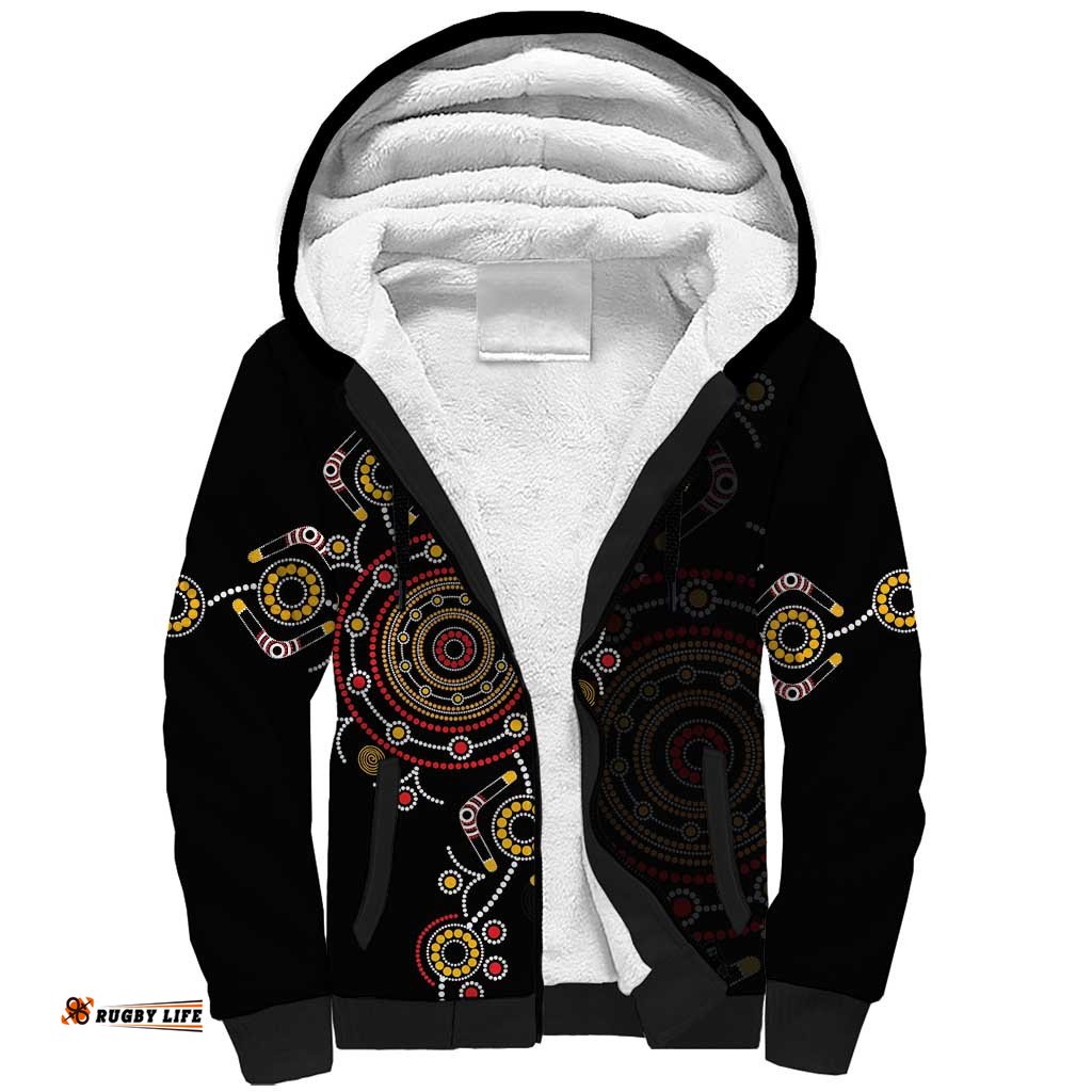NAIDOC Deadly 50 Years Sherpa Hoodie Aboriginal Black Gold Boomerang Art LT9