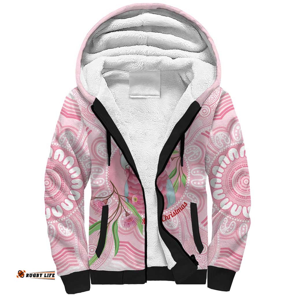 Funny Pink Galah Australia Christmas Sherpa Hoodie Eucalyptus Blossoms Aboriginal Art LT14