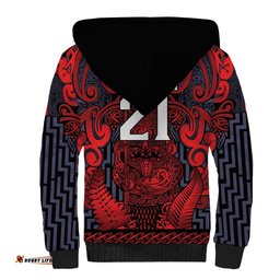 Custom New Zealand Taiaha Maori Sherpa Hoodie Whero Minimalist Silver Fern Tukutuku Motif LT9
