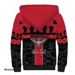 Personalised Essendon Football ANZAC Day Sherpa Hoodie Bombers Poppy Lest We Forget LT14