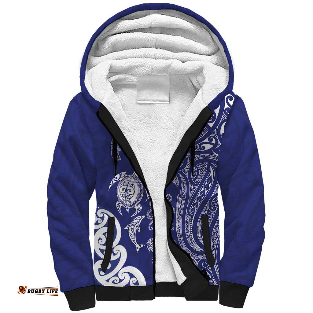 New Zealand Sea Animals with Maori Tribal Tattoo Sherpa Hoodie Blue Color LT03