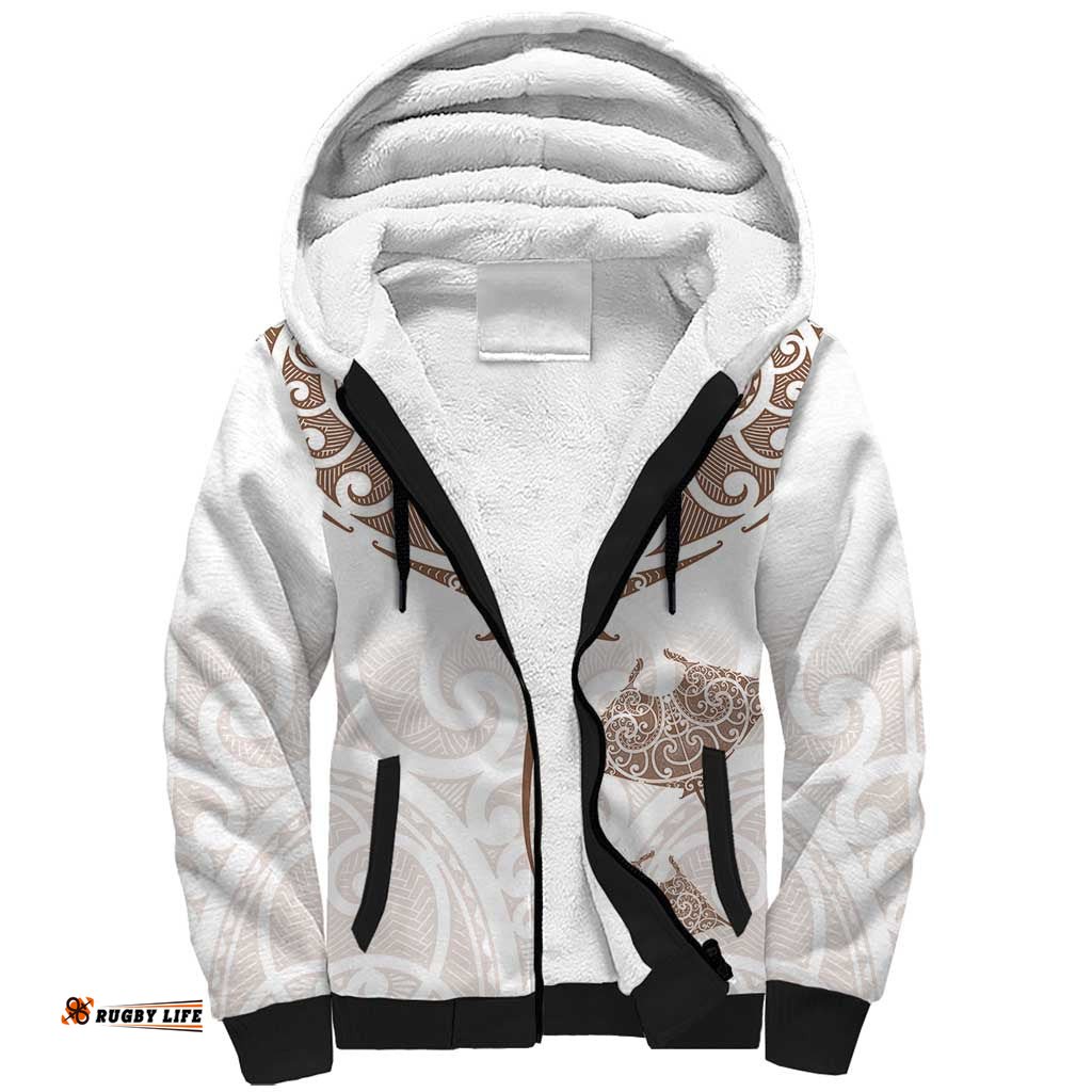 New Zealand Manta Ray Tattoo Sherpa Hoodie Aotearoa Maori Haehae Beige LT14