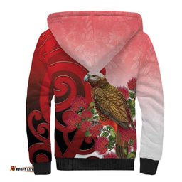 New Zealand Parrot Kaka Sherpa Hoodie Maori Koru With Pohutukawa Flowers LT05