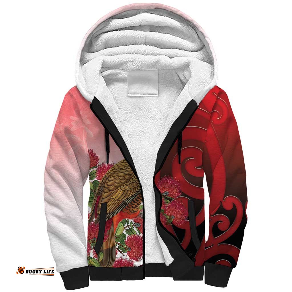 New Zealand Parrot Kaka Sherpa Hoodie Maori Koru With Pohutukawa Flowers LT05