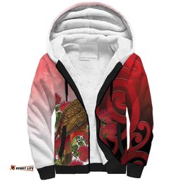 New Zealand Parrot Kaka Sherpa Hoodie Maori Koru With Pohutukawa Flowers LT05
