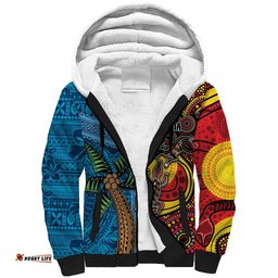 Personalised Australia and Fiji Together Sherpa Hoodie Tribal Palm Tree with Tapa and Aboriginal Animals Half Style LT03