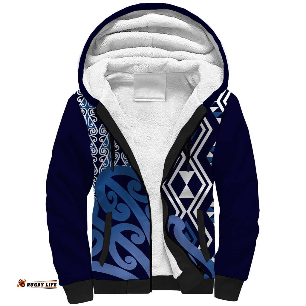 New Zealand Sherpa Hoodie Aotearoa Kowhaiwhai Mix Taniko Art - Blue LT14