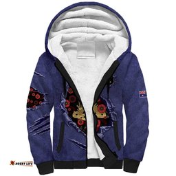 Personalised ANZAC Day Sherpa Hoodie Poppy Flowers Ripped Fabric Effect DT05