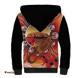 Indigenous Goanna Australia Sherpa Hoodie Aussie Uluru Ayers Rock Sturt's Desert Pea LT14