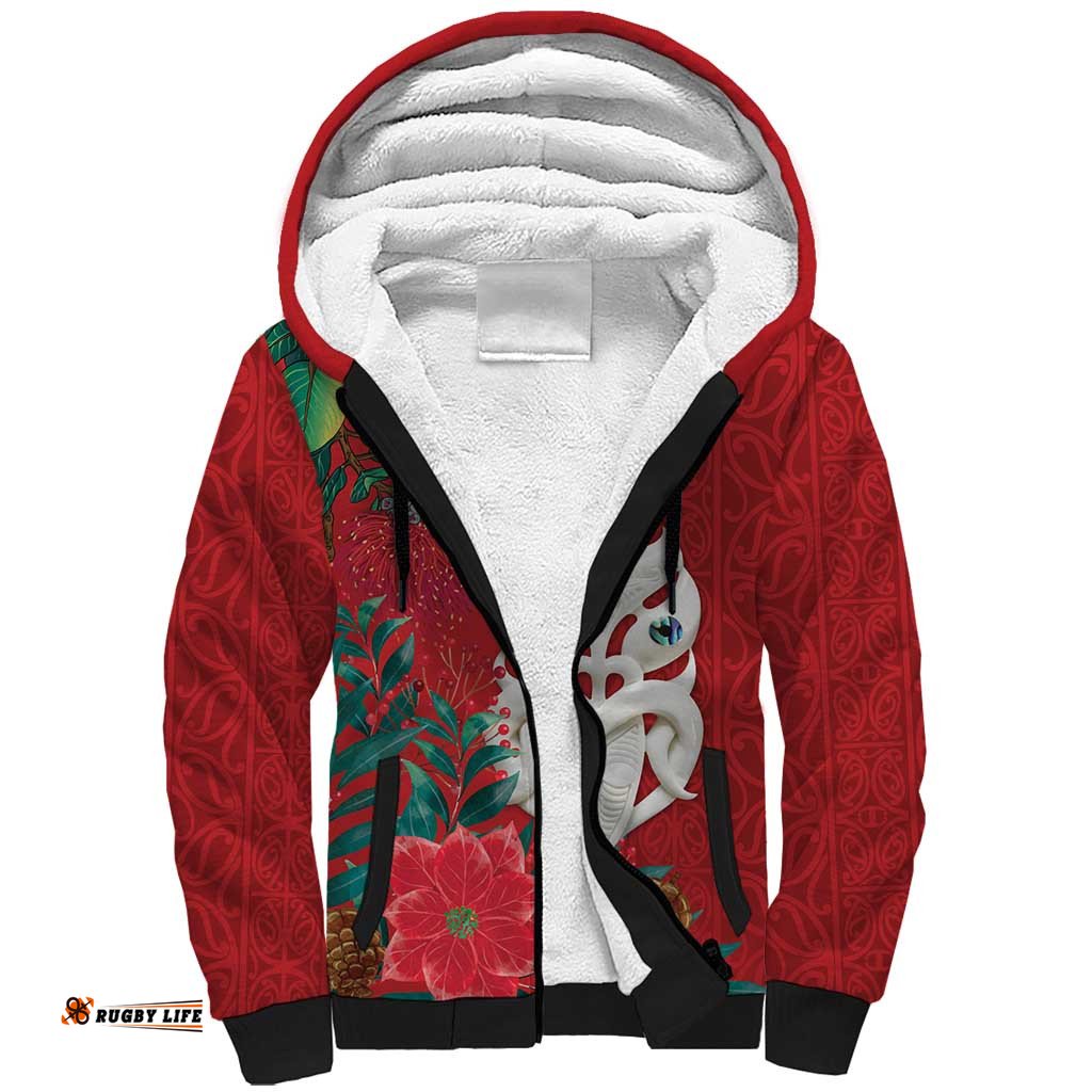 Maori Wheku Meri Kirihimete Personalised Sherpa Hoodie All Red Indigenous Maori Motif LT9