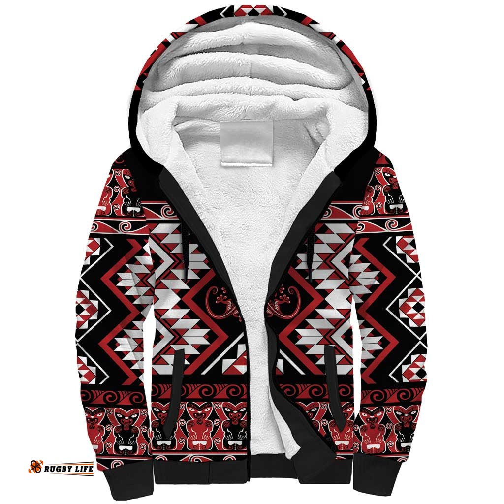 Personalised Aotearoa Waitangi Sherpa Hoodie Taniko Motifs - Mania Gecko LT7