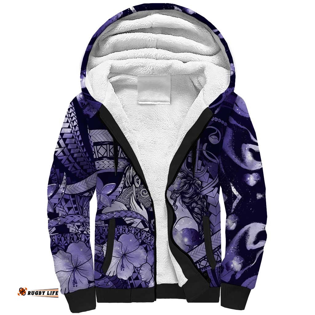 Personalised Maori Romantic Valentine Sherpa Hoodie The Hongi Kiss Purple Galaxy DT05