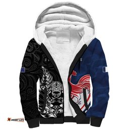 France And New Zealand Rugby Custom Sherpa Hoodie Les Bleus Rooster With Maori Tiki LT05