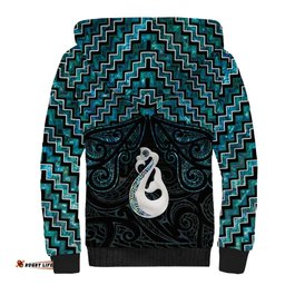 New Zealand Maori Sherpa Hoodie Poutama Manaia Turquoise Paua Shell LT05
