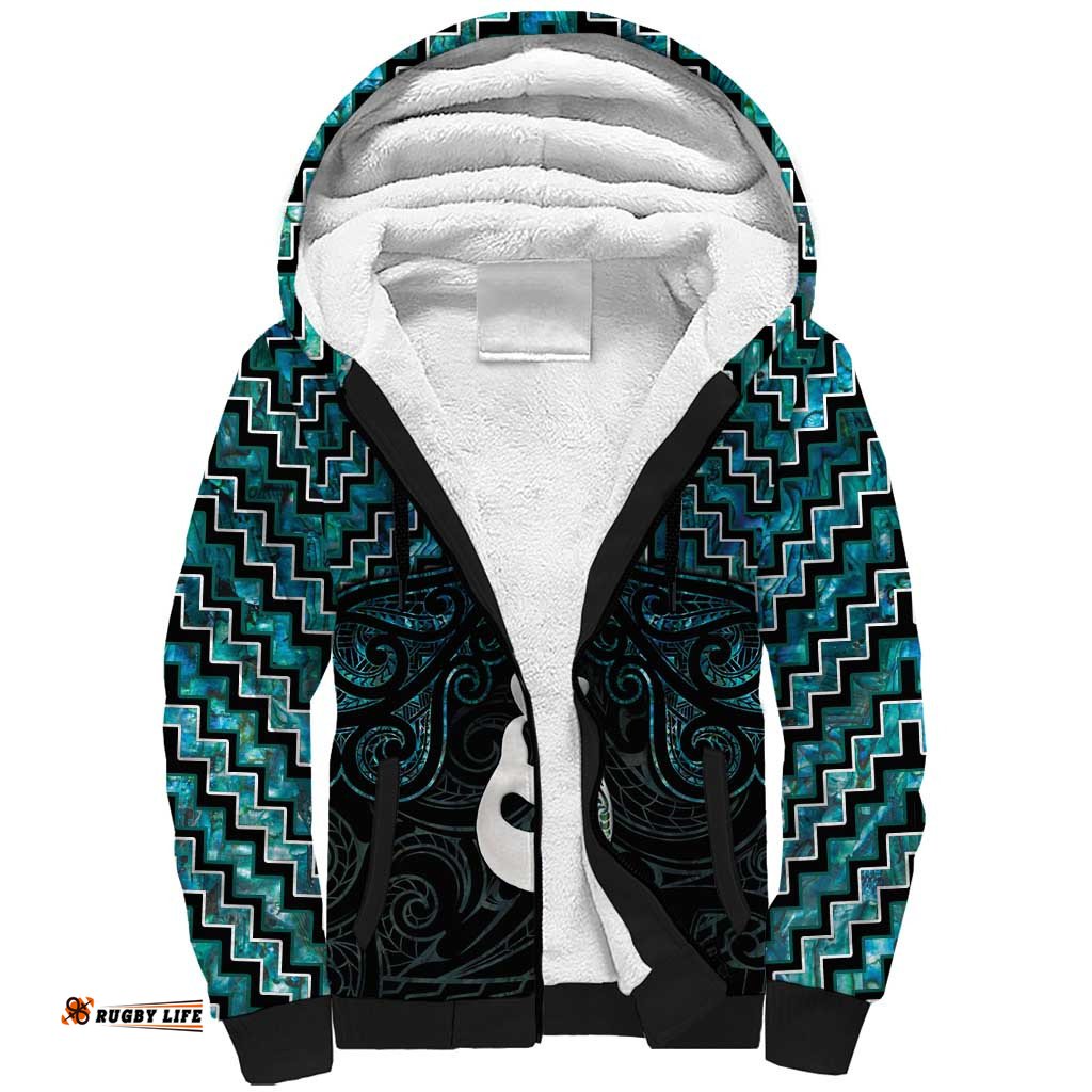 New Zealand Maori Sherpa Hoodie Poutama Manaia Turquoise Paua Shell LT05