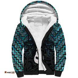 New Zealand Maori Sherpa Hoodie Poutama Manaia Turquoise Paua Shell LT05
