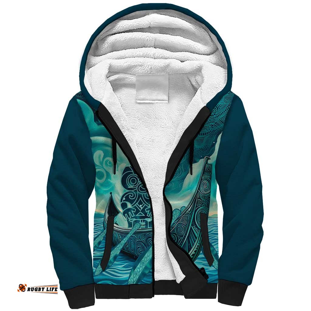 Personalised New Zealand Waitangi Day Sherpa Hoodie Hei Tiki With Maori Waka - Whakarare Pattern LT14