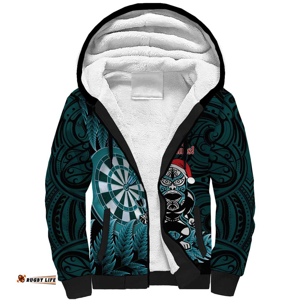 Personalised New Zealand Darts Christmas Sherpa Hoodie Maori Fern Merry Dartsmas LT14
