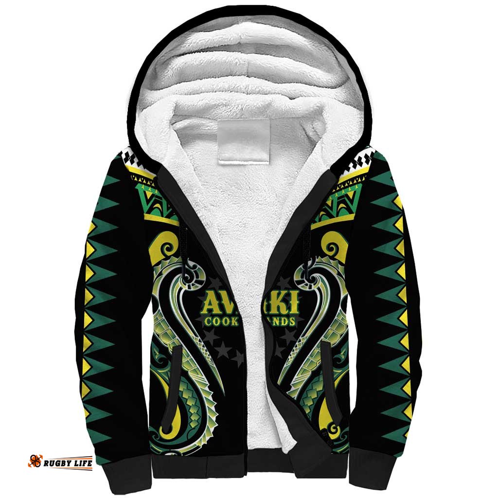 Custom Rugby Cook Islands Avaiki Sherpa Hoodie Black Kuki Airani Tribal Maori Inspired LT9