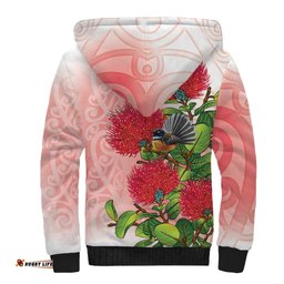 New Zealand Fantail Sherpa Hoodie Maori Koru With Pohutukawa Flowers LT05