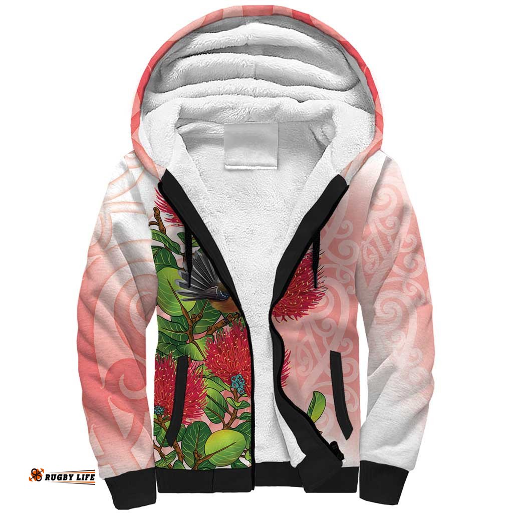 New Zealand Fantail Sherpa Hoodie Maori Koru With Pohutukawa Flowers LT05