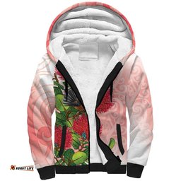 New Zealand Fantail Sherpa Hoodie Maori Koru With Pohutukawa Flowers LT05