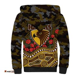 Hawthorn Hawks ANZAC Day Sherpa Hoodie Indigenous Dot Art with Poppy Flower Tribute TS04