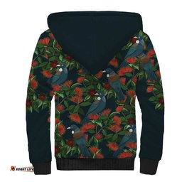 New Zealand Christmas Sherpa Hoodie Romantic Tui Birds on Pohutukawa - Cobalt LT7