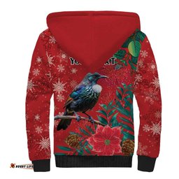 Tui Meri Kirihimete Personalised Sherpa Hoodie Pohutukawa Flowers Red Motif LT9