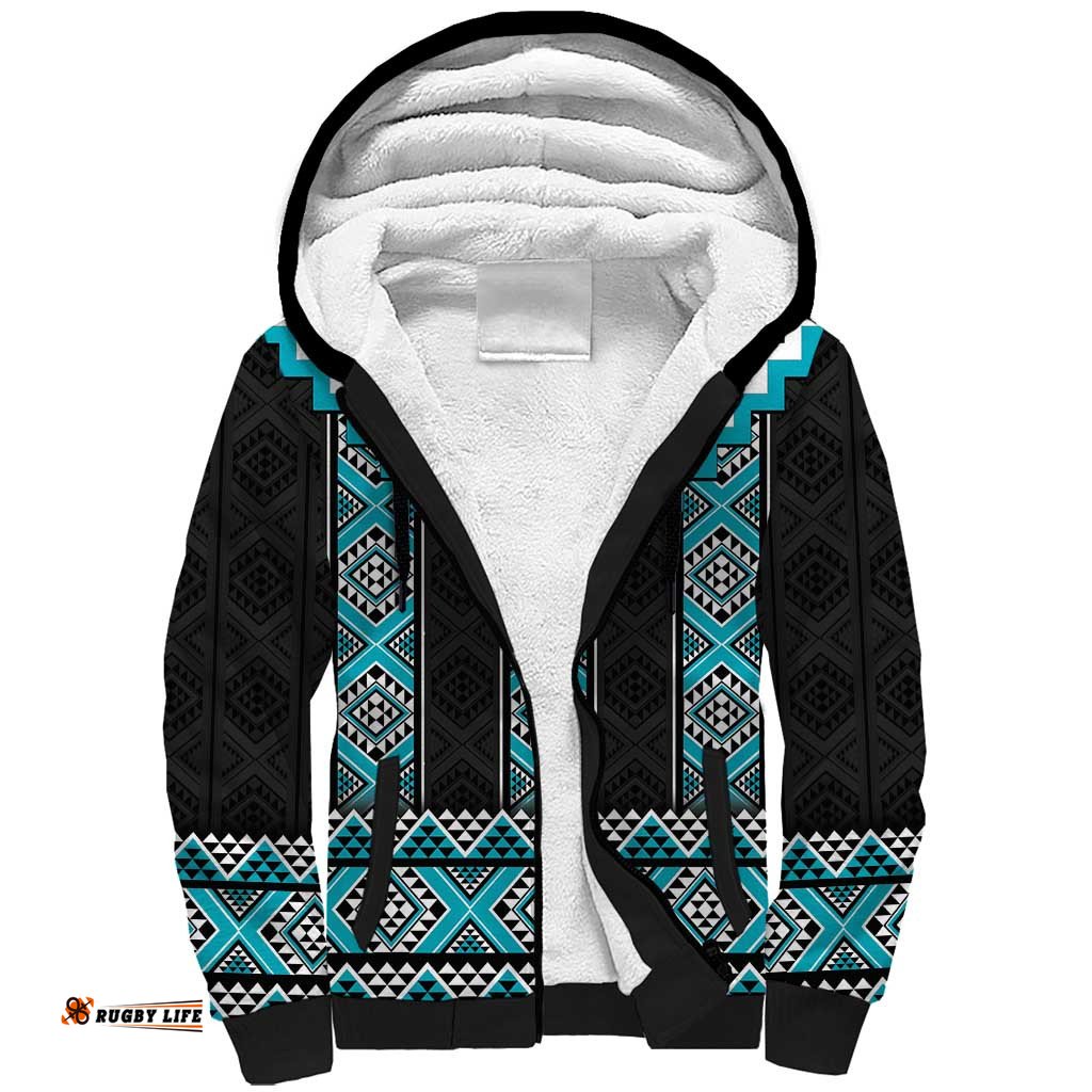 Turquoise Taniko Pattern Aotearoa Sherpa Hoodie Niho Taniwha Mix Poutama LT14
