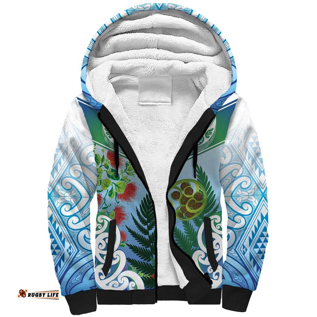 Aotearoa New Zealand Natural Plants Sherpa Hoodie Pohutukawa with Silver Ferns Koru Frond Maori Tattoos LT03