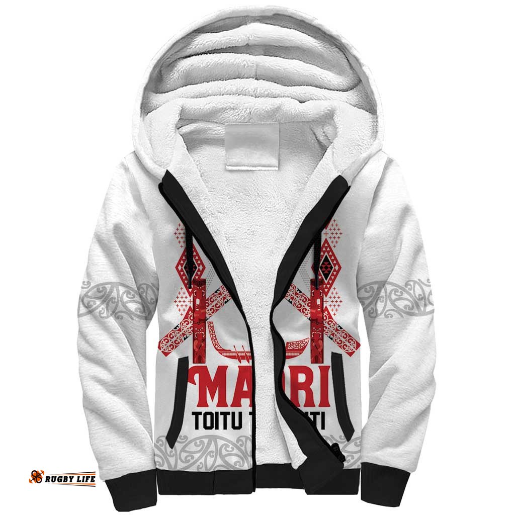 Toitu Te Tiriti Waitangi Sherpa Hoodie White Wharenui House LT9