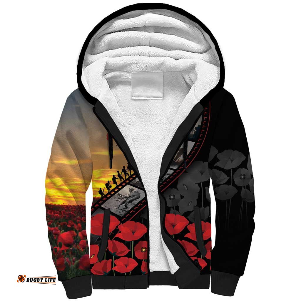 Personalised Remembering ANZAC Lest We Forget Sherpa Hoodie Vintage Film Frame Memorial Red Poppy LT9