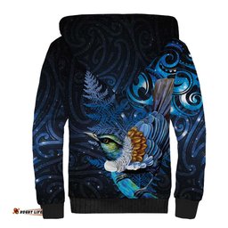 Aotearoa Matariki Sherpa Hoodie Maori Tribal with Silver Fern and Tui Bird Galaxy Style LT03