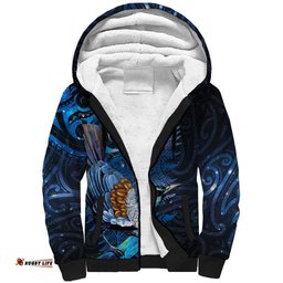 Aotearoa Matariki Sherpa Hoodie Maori Tribal with Silver Fern and Tui Bird Galaxy Style LT03