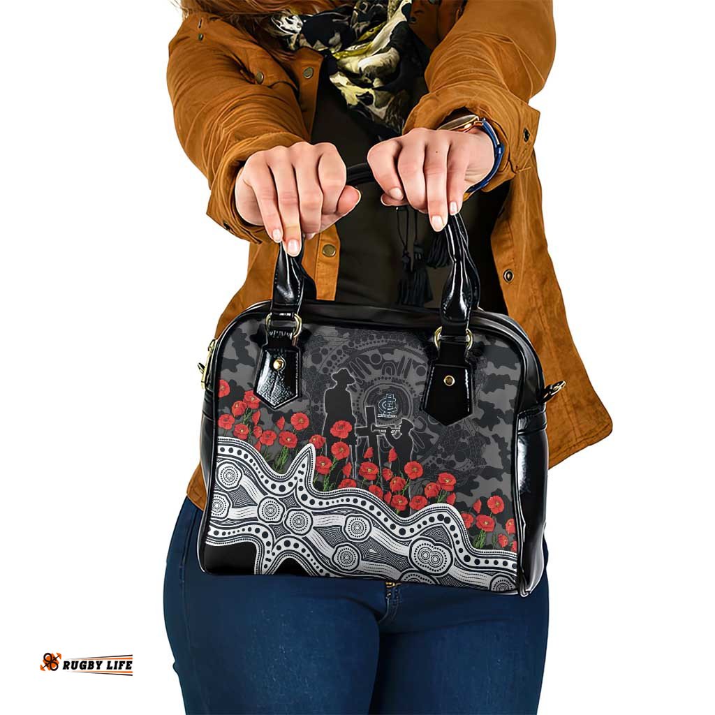 Carlton Blues ANZAC Day Shoulder Handbag Indigenous Dot Art with Poppy Flower Tribute TS04