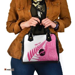New Zealand Lawn Bowls Breast Cancer Custom Shoulder Handbag Aotearoa Maori Silver Fern Pink Ribbon LT14