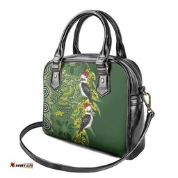 Aussie Kokaburra Golden Wattle Christmas Shoulder Handbag Aboriginal Dots Painting Green Motif LT9