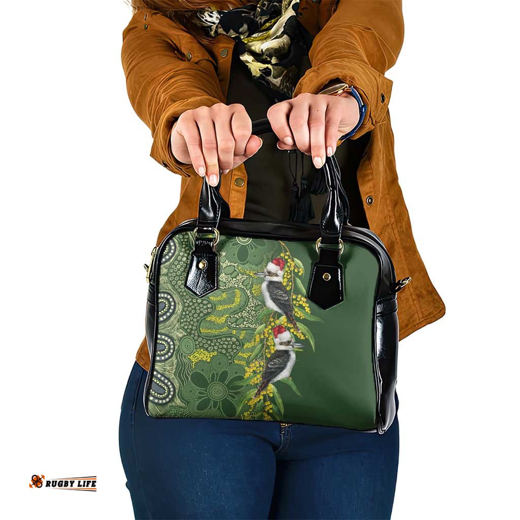 Aussie Kokaburra Golden Wattle Christmas Shoulder Handbag Aboriginal Dots Painting Green Motif LT9
