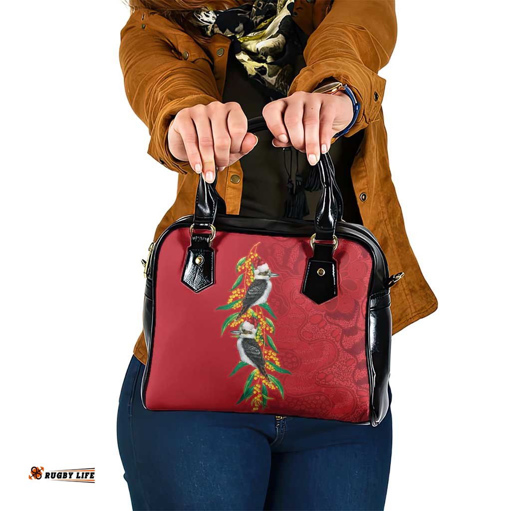Aussie Kokaburra Golden Wattle Christmas Shoulder Handbag Aboriginal Dots Painting Red Motif LT9