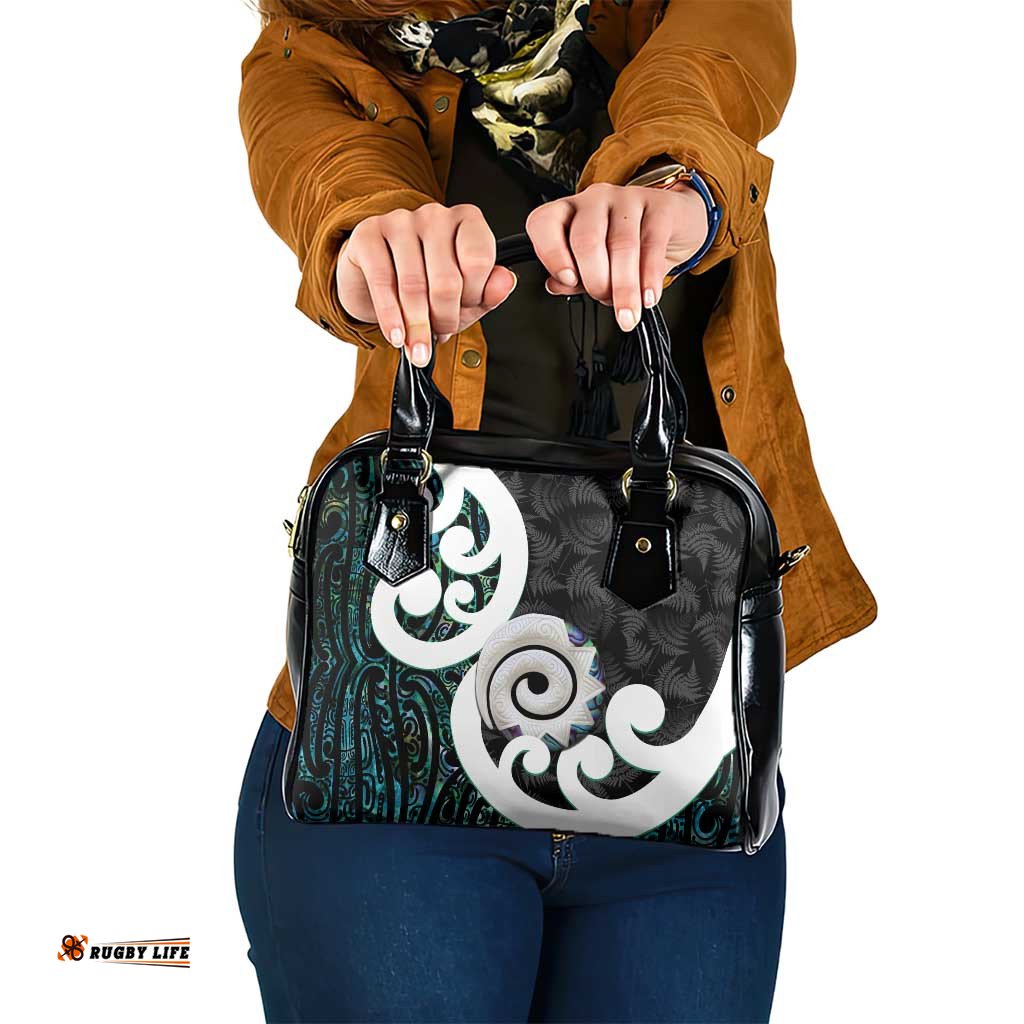 Aotearoa Koru Shoulder Handbag Cyan Maori Paua Shell Mix Silver Fern LT14