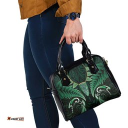 Aotearoa Pounamu Niho Shoulder Handbag Silver Fern Mix Maori Pattern - Green LT14