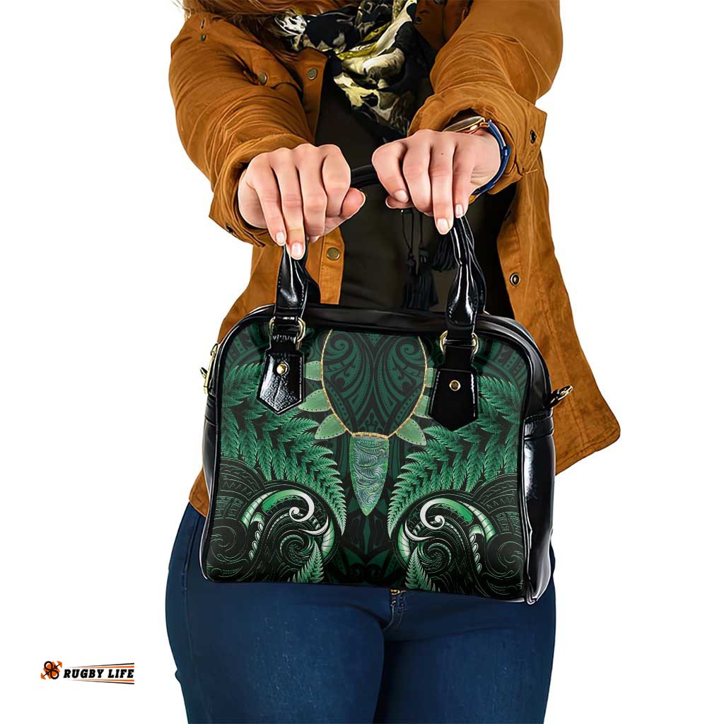 Aotearoa Pounamu Niho Shoulder Handbag Silver Fern Mix Maori Pattern - Green LT14