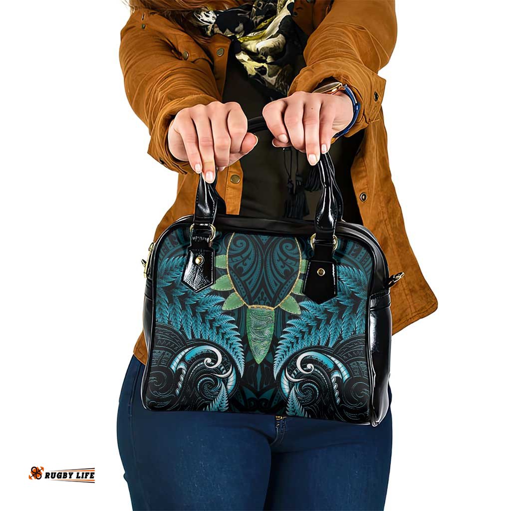 Aotearoa Pounamu Niho Shoulder Handbag Silver Fern Mix Maori Pattern - Turquoise LT14