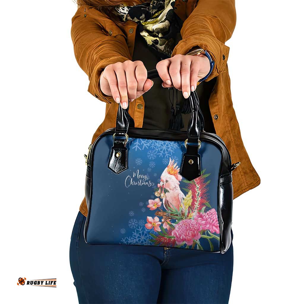 Australia Christmas Pink Cockatoo with Banksia Shoulder Handbag Snowy Blue LT7