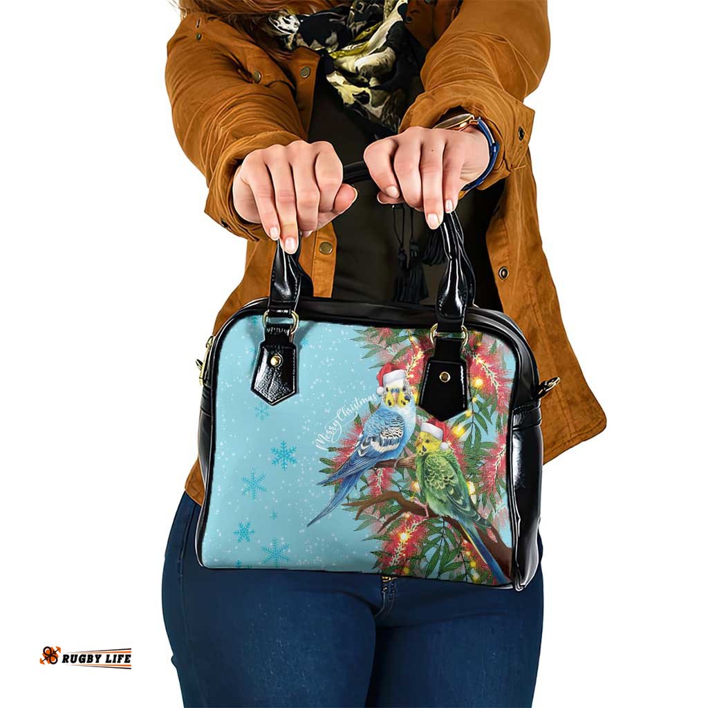 Blue Budgies on Callistemon Shoulder Handbag Merry Christmas Aussie LT7