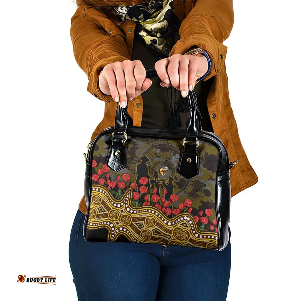 Hawthorn Hawks ANZAC Day Shoulder Handbag Indigenous Dot Art with Poppy Flower Tribute TS04